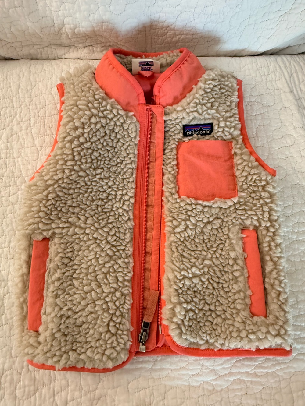 Patagonia Kids Sherpa-Lined Vest in Coral and Cream